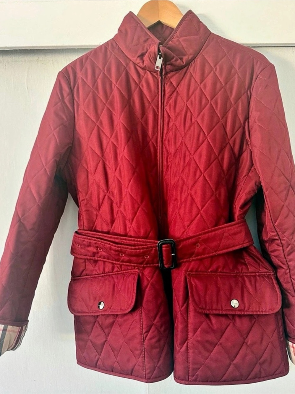 Burberry Quilted Belted Jacket with Nova Check Cuffs Burgundy Barn Jacket L